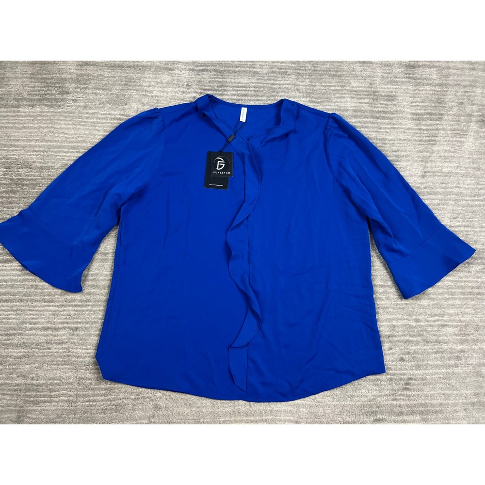 Funlingo Blouse Women XL Royal Blue Ruffle Front 3/4 Bell Sleeve Career Top NEW